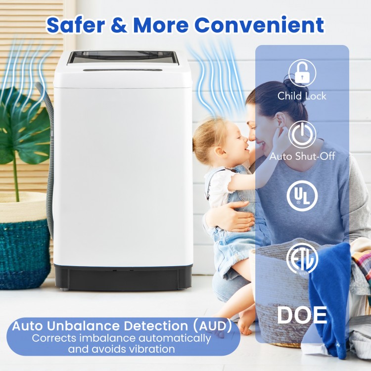 Full-automatic washing machine in white with child lock, 11 lbs capacity, and auto unbalance detection for efficient.