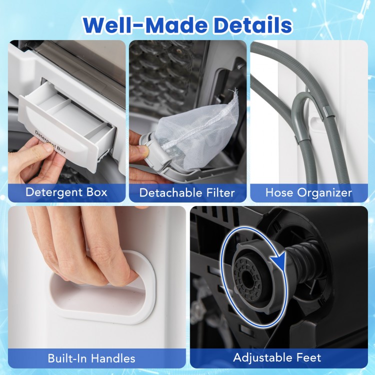 Detachable filter, detergent box, and built-in handles of the Full-Automatic Washing Machine for convenient use.