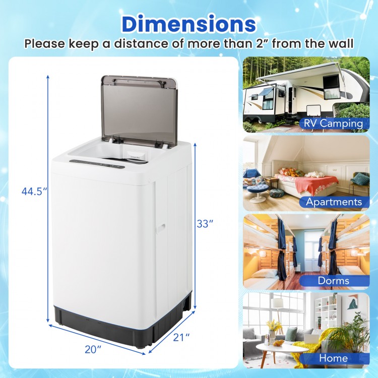 Compact full-automatic washing machine in white, featuring a 300W motor and 11 lbs capacity, ideal for apartments and.