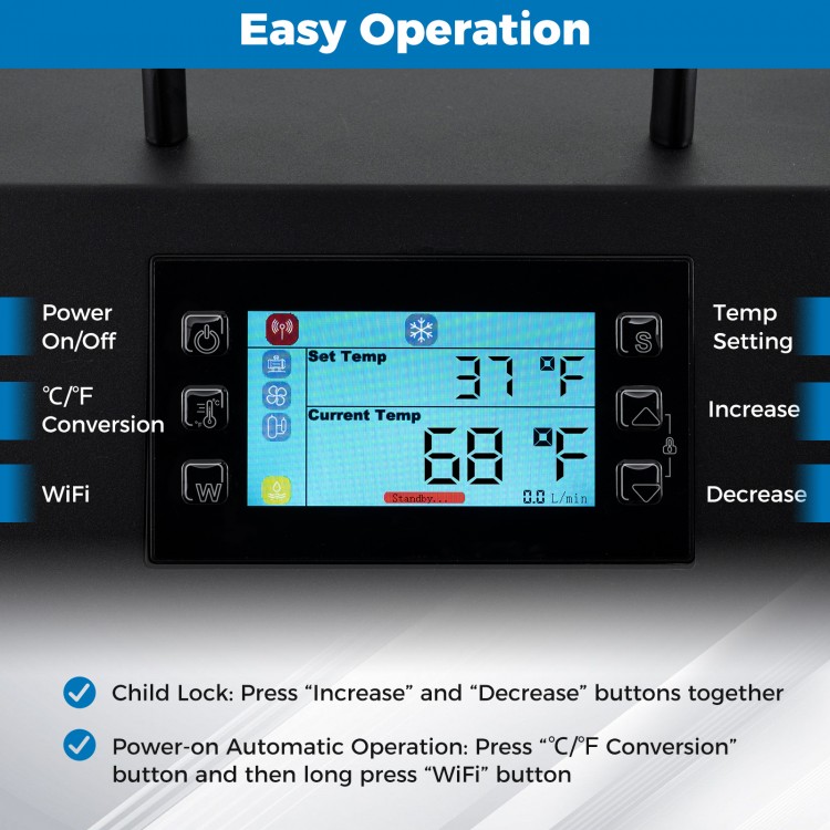 Control panel of the 4/5 HP Ice Bath Water Chiller showing temperature settings and WiFi operation features.