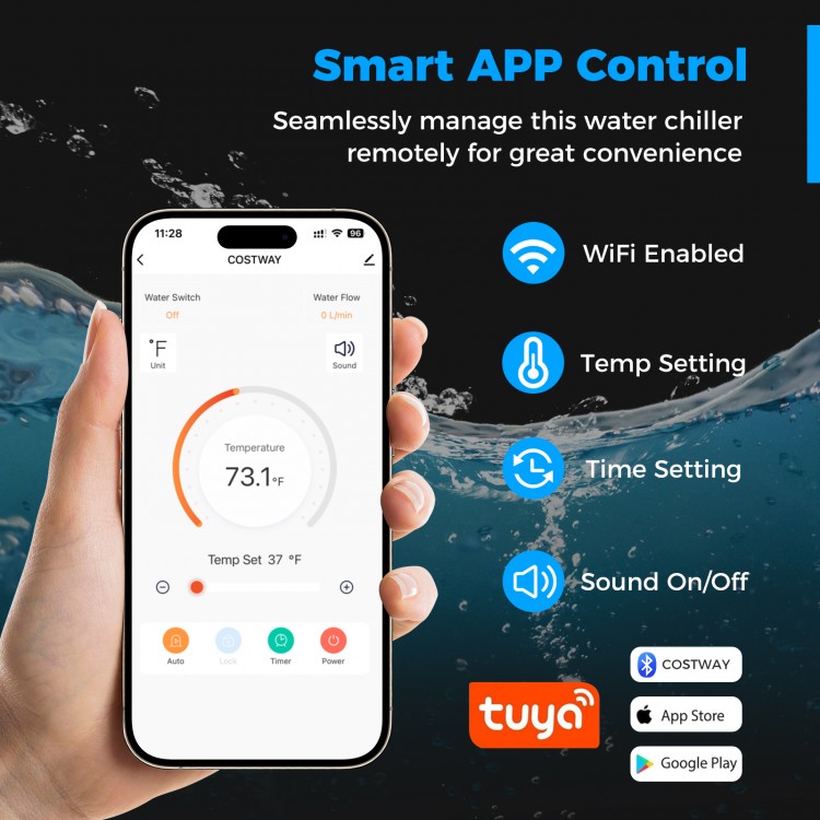 Smart app control interface for the 4/5 HP Ice Bath Water Chiller, featuring temperature and timer settings for.