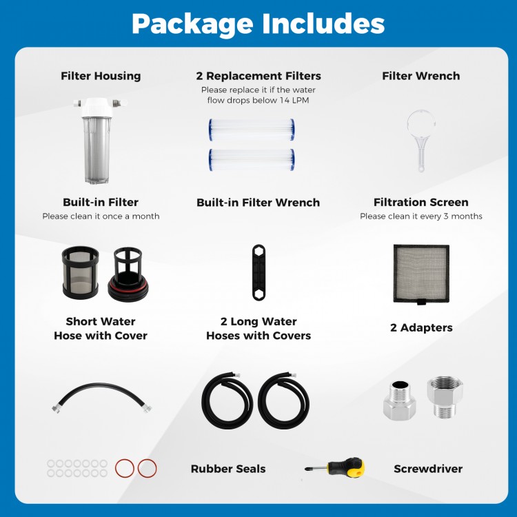 Package includes essential components for the 4/5 HP Ice Bath Water Chiller, including filters, hoses, and tools for.