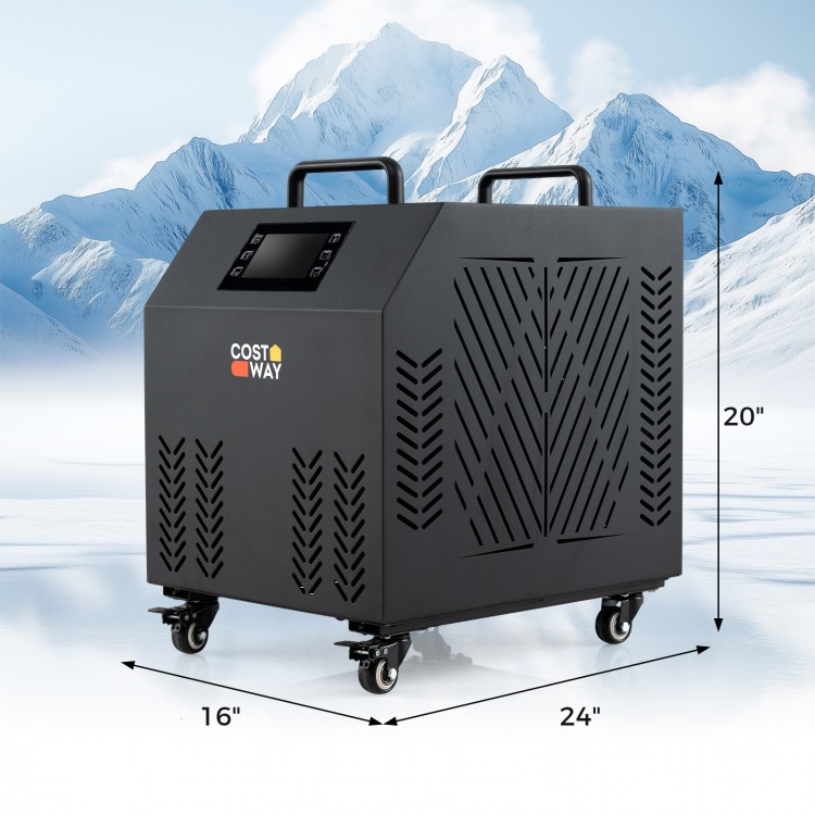 4/5 HP Ice Bath Water Chiller in black with wheels, designed for tubs under 92 gallons, featuring WiFi control and.