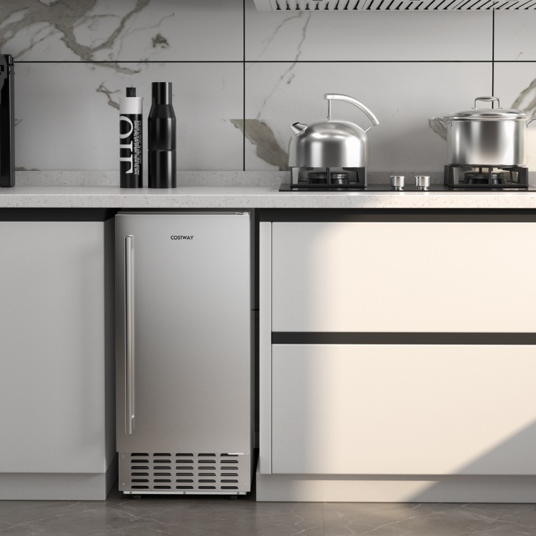 Under counter nugget ice maker in silver, featuring a sleek design, 80 lbs daily capacity, and self-cleaning function.