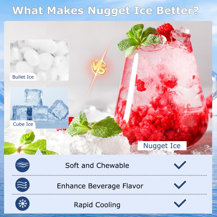 Under counter nugget ice maker in silver, producing soft chewable ice with 80 lbs daily capacity for convenient use.