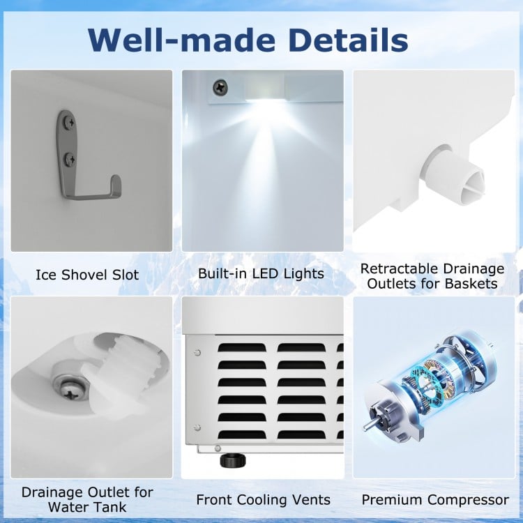 Detail view of the Under Counter Nugget Ice Maker showcasing built-in LED lights, drainage outlets, and premium.