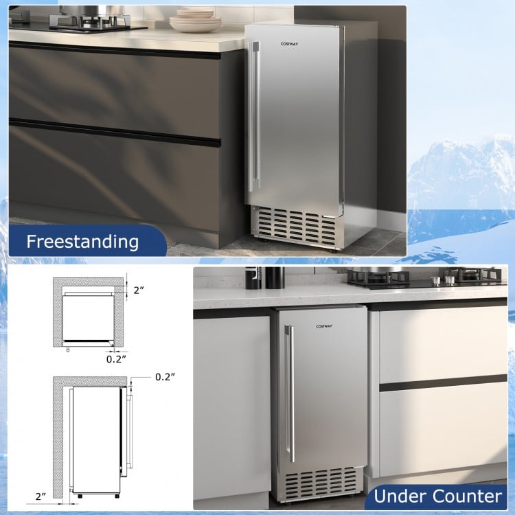 Under counter nugget ice maker in silver, featuring a clear LCD panel and 80 lbs daily capacity for convenient ice.