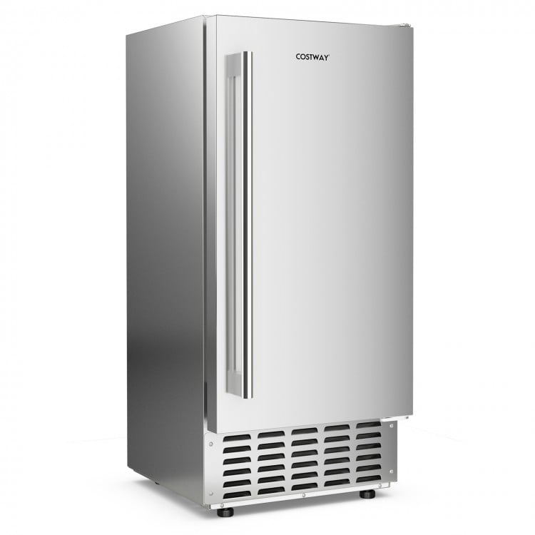 Under counter nugget ice maker in silver with 80 lbs daily capacity, self-cleaning, and clear LCD control panel.