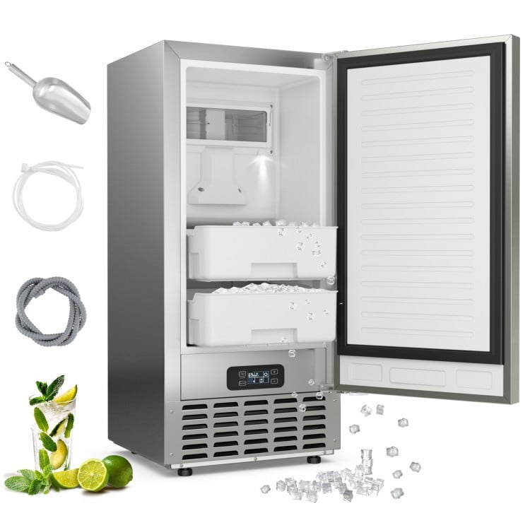 Under counter nugget ice maker in silver with dual ice baskets, self-cleaning feature, and 80 lbs daily capacity.