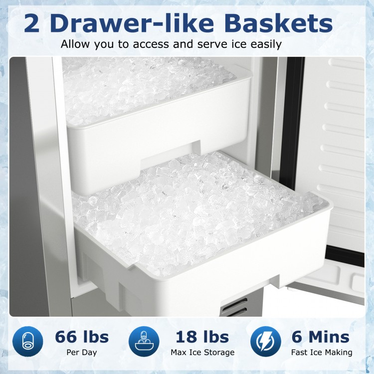 Two drawer-like baskets filled with nugget ice from the Under Counter Nugget Ice Maker for easy access and serving.