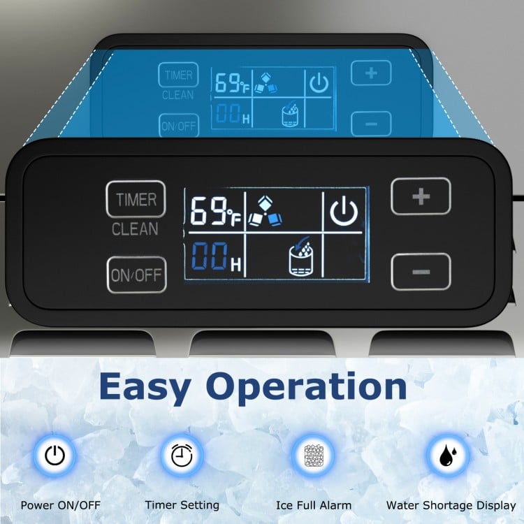 Clear LCD control panel of the Under Counter Nugget Ice Maker with timer, self-cleaning, and easy operation features.
