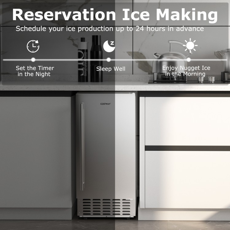 Under counter nugget ice maker in silver with self-cleaning, 80 lbs daily capacity, and 24-hour timer for convenience.