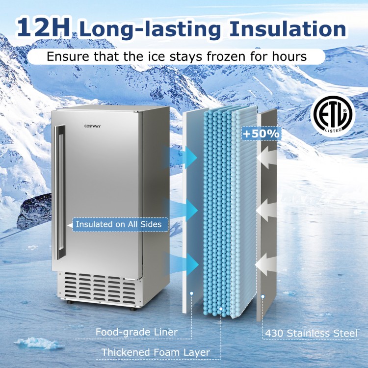 Under counter nugget ice maker in silver with 80 lbs daily capacity, featuring self-cleaning and insulation for 24-hour.