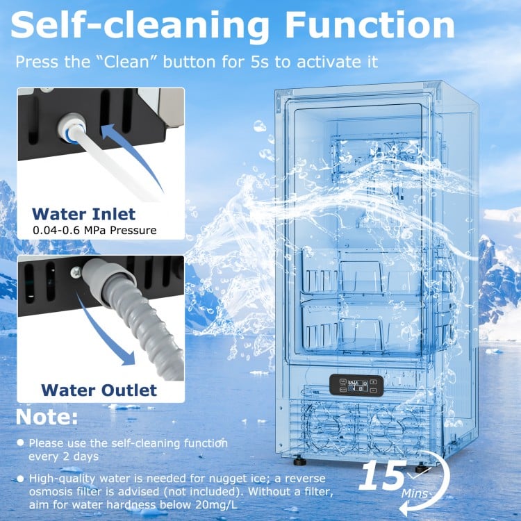 Under counter nugget ice maker with self-cleaning function, silver finish, and clear LCD control panel for easy.