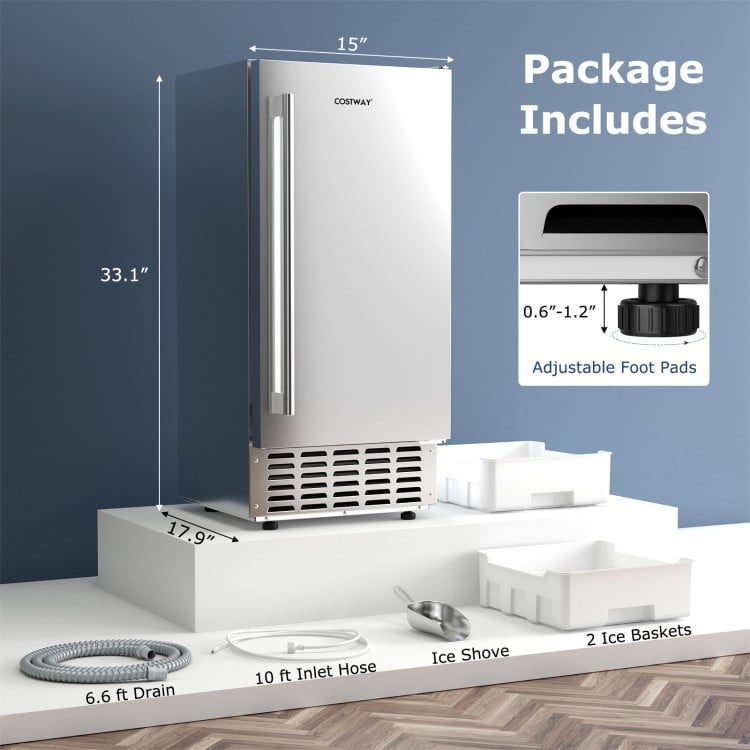 Under counter nugget ice maker in silver with adjustable foot pads, 80 lbs daily capacity, and self-cleaning feature.