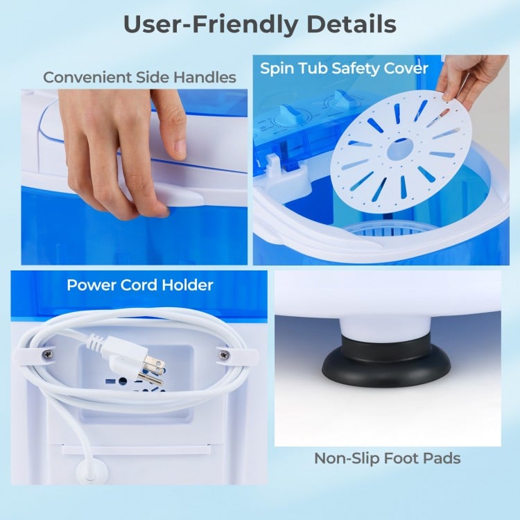 Convenient side handles and power cord holder of the blue portable mini washing machine for easy transport and.
