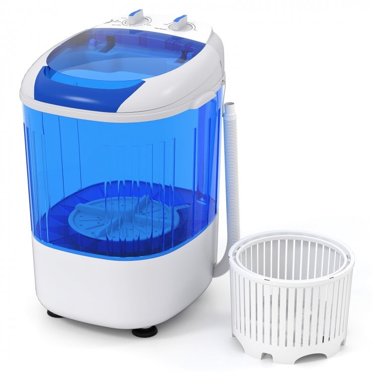 Portable mini semi-automatic washing machine in blue with 2.5 kg capacity, featuring a spin tub and drain hose for easy.