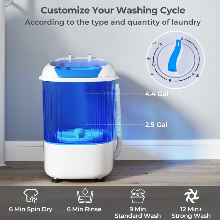 Portable mini semi-automatic washing machine in blue, featuring a 2.5 kg capacity and separate spin basket for easy.