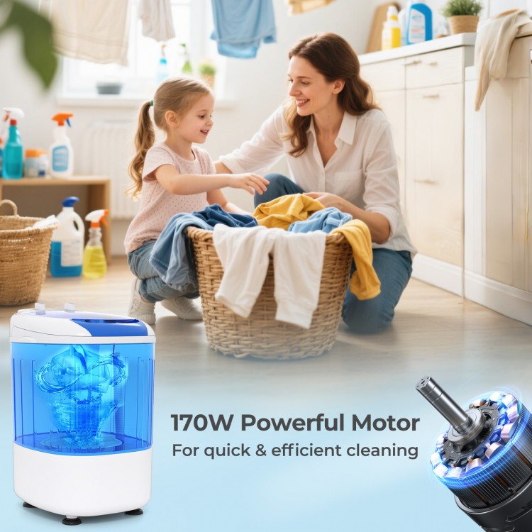 Portable mini semi-automatic washing machine in blue with 2.5 kg capacity, ideal for compact laundry needs at home.