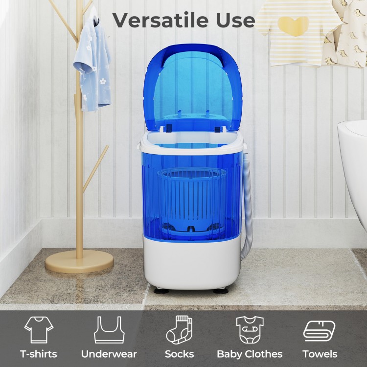 Portable mini washing machine in blue with transparent lid, ideal for T-shirts, towels, and baby clothes.