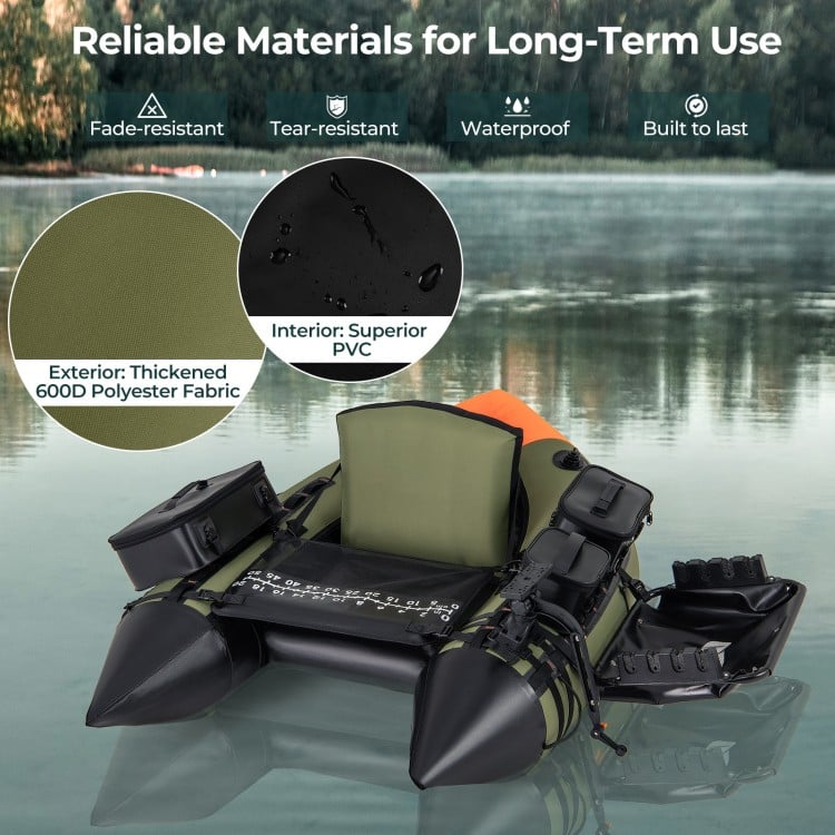 Portable fishing boat in green with 600D polyester fabric, waterproof design, and detachable storage boxes for gear.