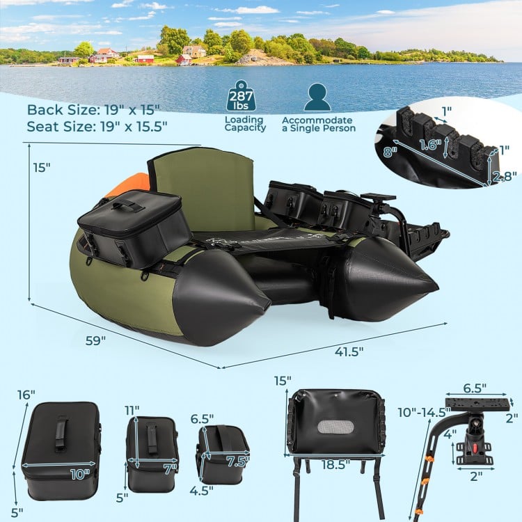 Portable fishing boat in green with detachable storage boxes, featuring rod holders and adjustable fish finder mount.
