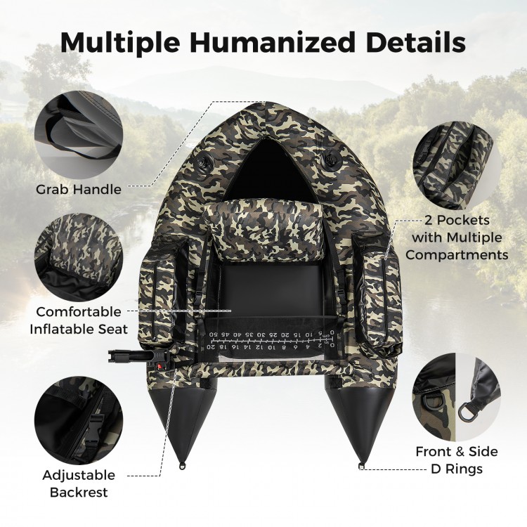 Inflatable fishing float tube in camouflage with adjustable backrest, pockets, and comfortable seat for fishing.