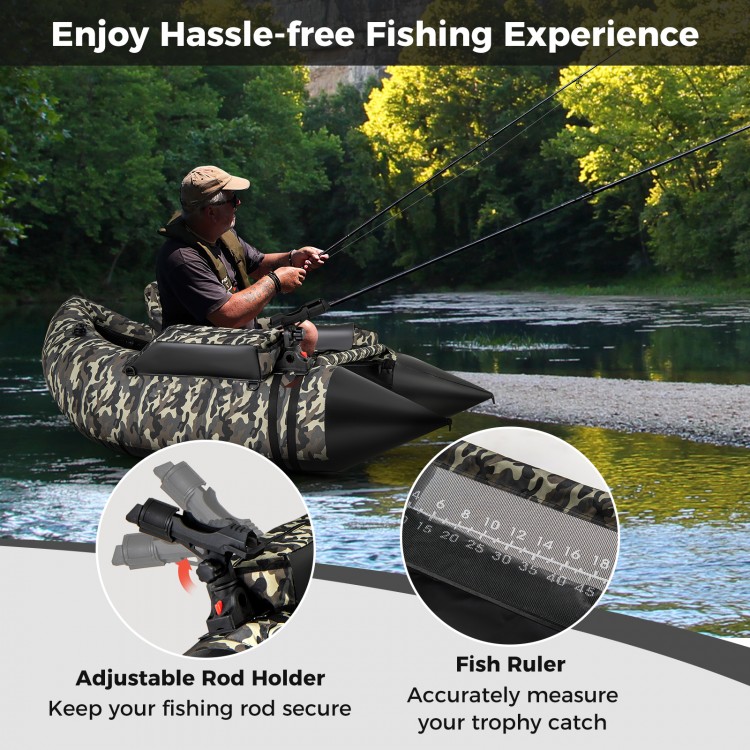 Inflatable fishing float tube in camouflage with adjustable rod holder and fish ruler for secure fishing experience.