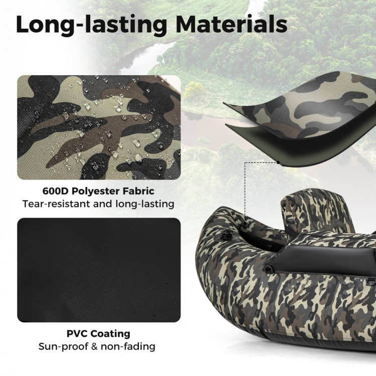 Close-up of the 350 LBS inflatable fishing float tube in camouflage, featuring tear-resistant 600D polyester fabric and.