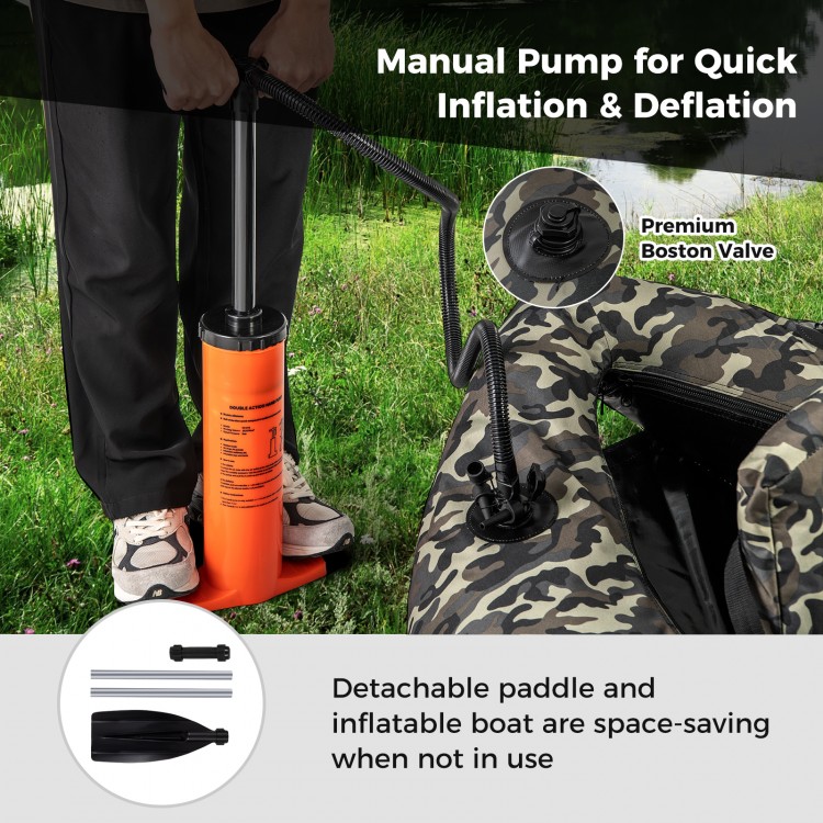 Manual pump for quick inflation of the 350 LBS camouflage inflatable fishing float tube with adjustable backrest.