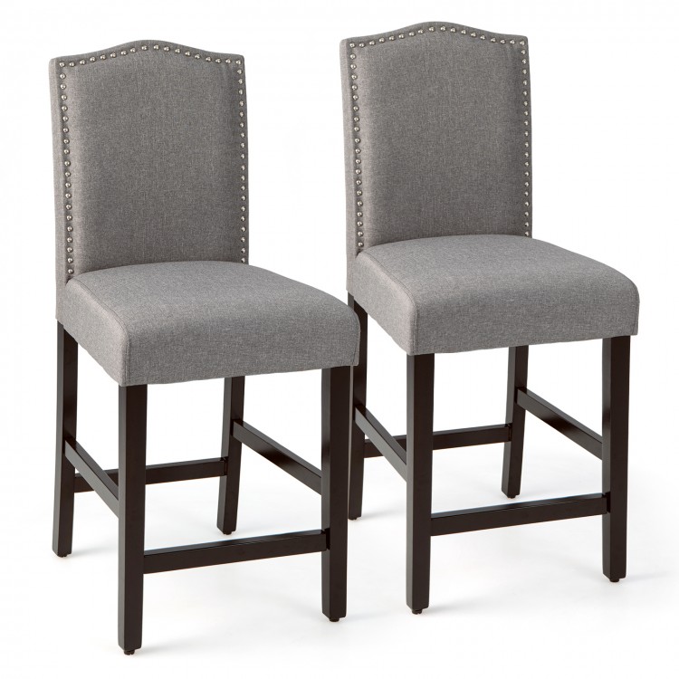 Gray fabric counter height dining side chairs set with rubberwood legs and nail head detailing for stylish seating.