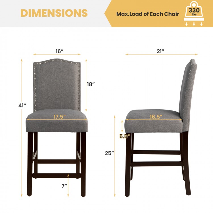 Side view of a gray fabric counter height dining chair with rubberwood legs and nail head detailing, ideal for modern.