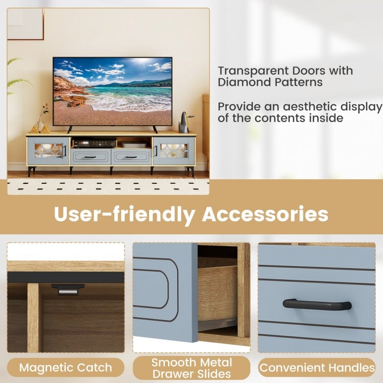 Farmhouse TV stand in oak and gray with transparent doors, two drawers, and ample storage for TVs up to 80 inches.