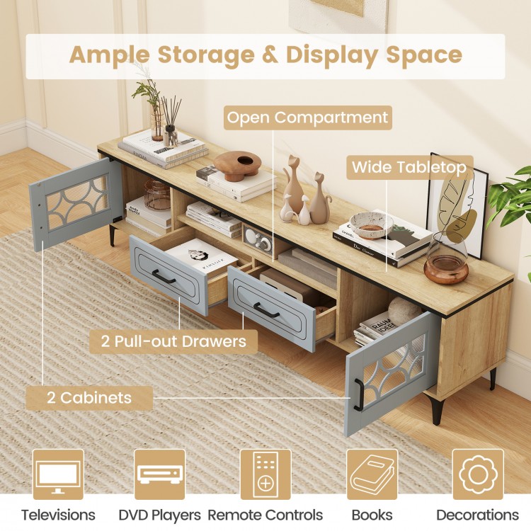 Farmhouse TV stand in oak and gray with wide tabletop, 2 drawers, and cabinets for ample storage and media organization.