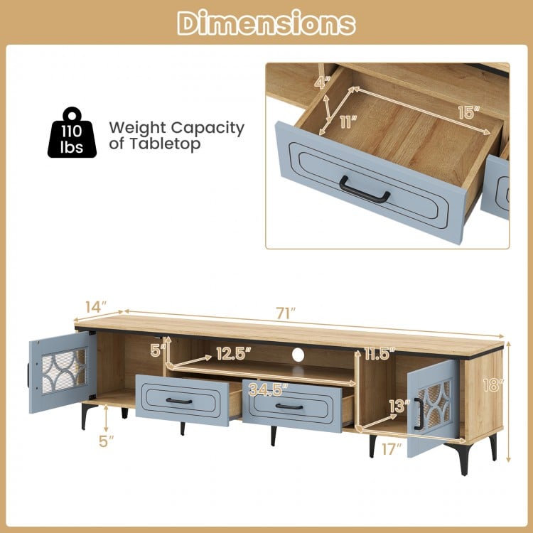 Farmhouse TV stand in oak and gray with two drawers and cabinets, designed for TVs up to 80 inches, featuring cable.