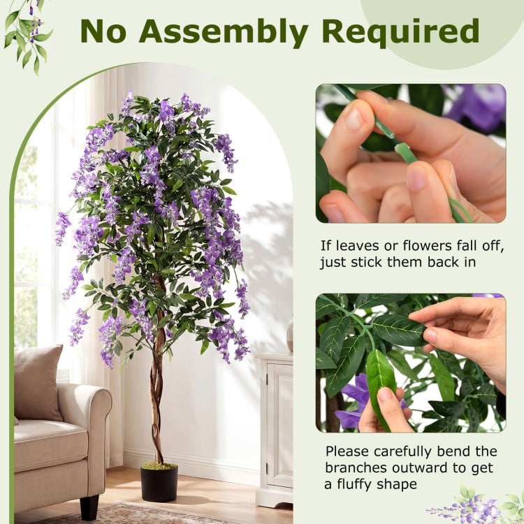 6 FT artificial wisteria tree with purple flowers and natural trunks, perfect for home or office decor without.