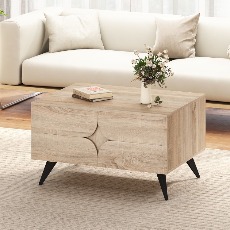 Farmhouse accent coffee table with natural wood finish, three storage cabinets, and modern design for living room use.