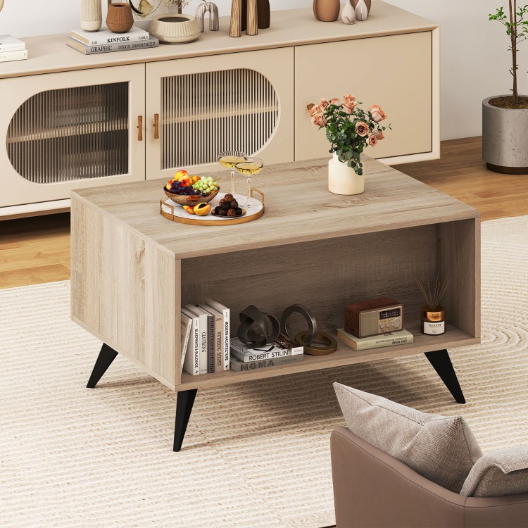 Modern coffee table with natural wood texture, storage space, and sleek black legs for stylish living room decor.