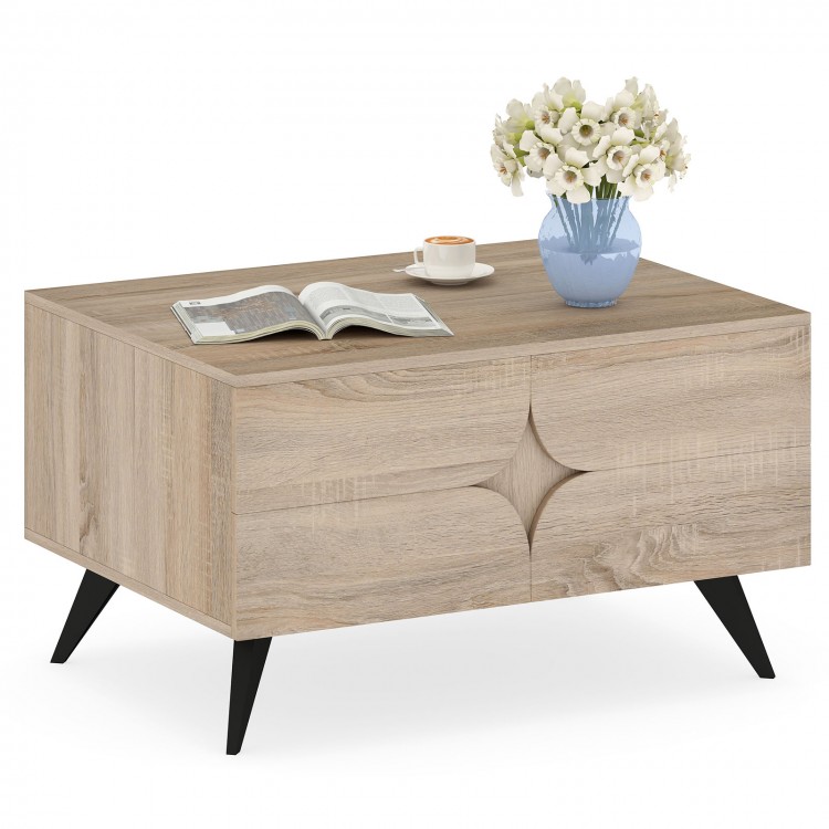 Farmhouse accent coffee table in natural wood with storage, featuring a wide tabletop and modern design for living room.