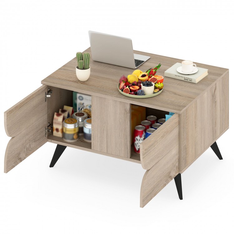 Farmhouse accent coffee table with storage, natural wood finish, featuring three cabinet doors for versatile living.