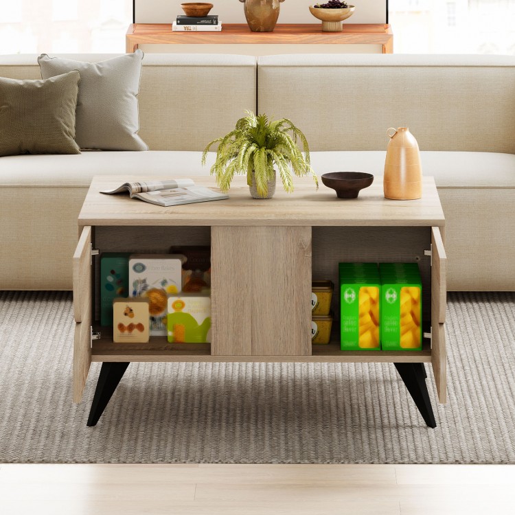 Farmhouse coffee table with a smooth surface, ample storage, and elegant natural wood texture for modern living room.