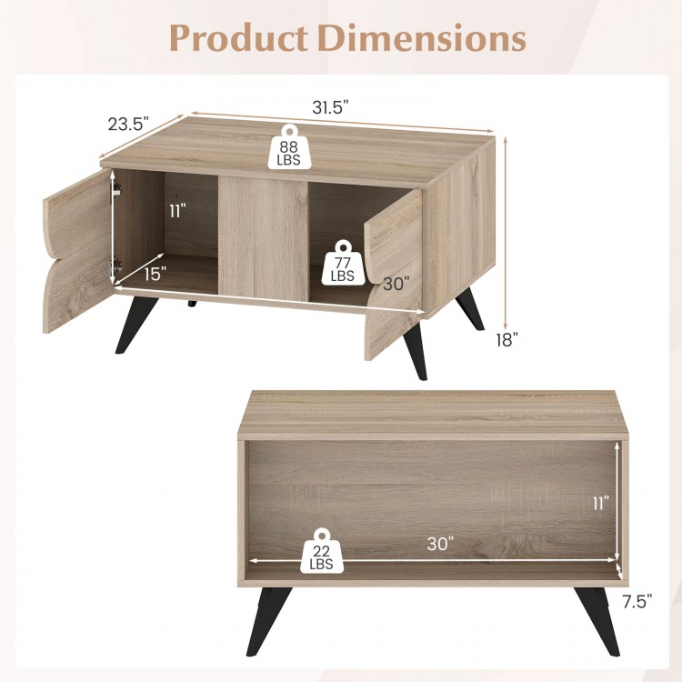 Farmhouse accent coffee table with storage, featuring natural wood texture and modern design, ideal for living room use.