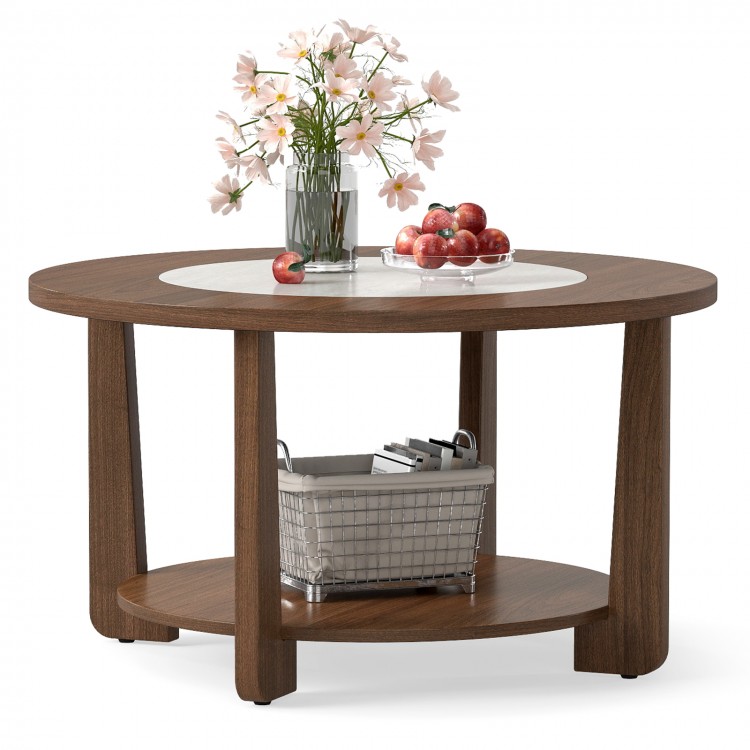 Round coffee table with a 2-tone tabletop and open storage shelf, perfect for living room decor and organization.
