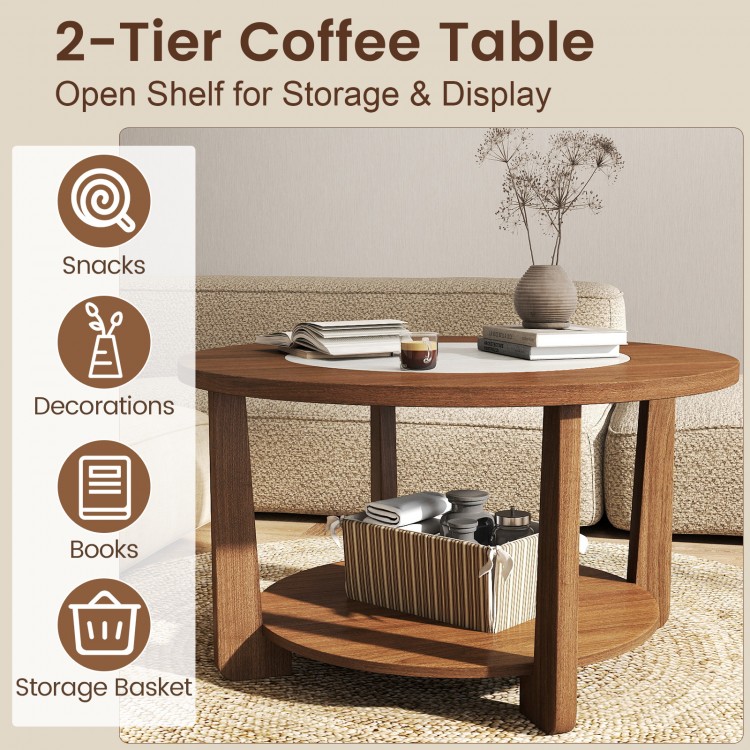 Round farmhouse accent coffee table with 2-tone finish, open storage shelf, and solid rubber wood legs for living room.