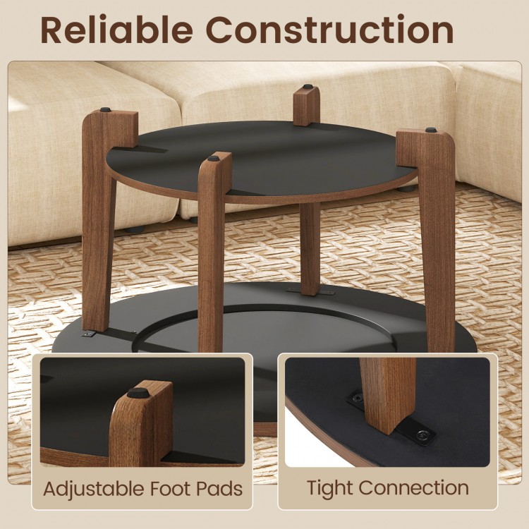 Round coffee table with 2-tone finish, open storage shelf, and solid rubber wood legs for living room use.