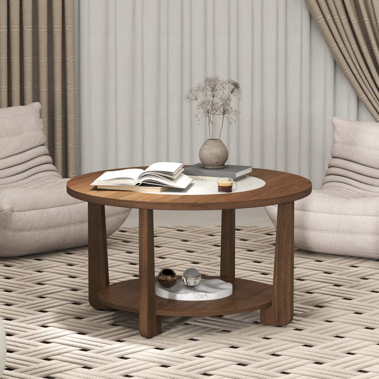 Round coffee table with a 2-tone finish and open storage shelf, perfect for living room decor and organization.