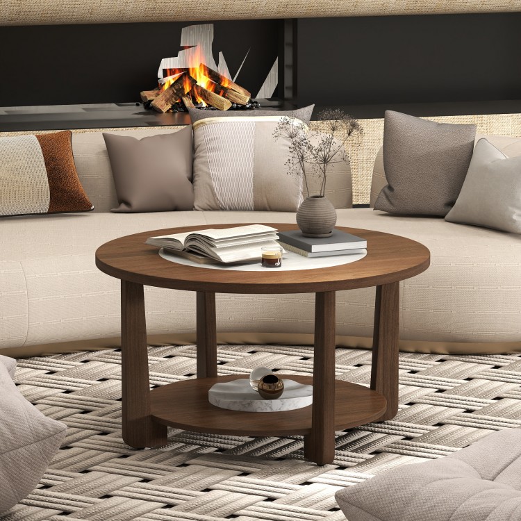Round coffee table showcasing a 2-tone finish and open storage shelf, ideal for stylish living room organization.