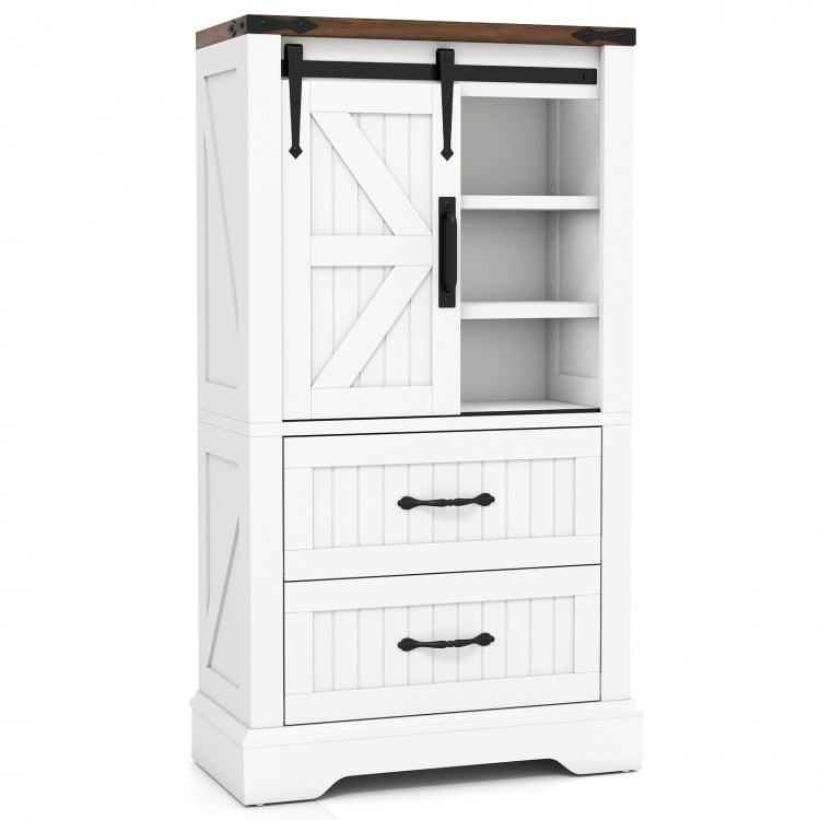 Freestanding white farmhouse bathroom cabinet with sliding barn door, adjustable shelves, and two large drawers for.