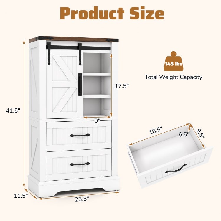 Freestanding white bathroom cabinet dimensions showing 41.5" height, 23.5" width, and 17.5" depth for versatile storage.