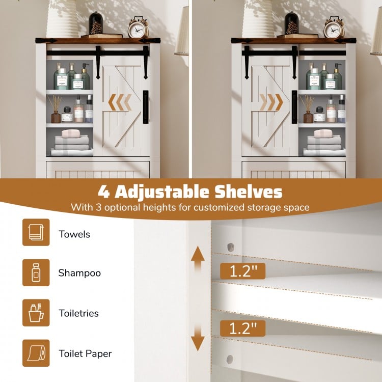 Freestanding wooden bathroom cabinet with sliding barn door, 4 adjustable shelves, and decorative metal corners for.